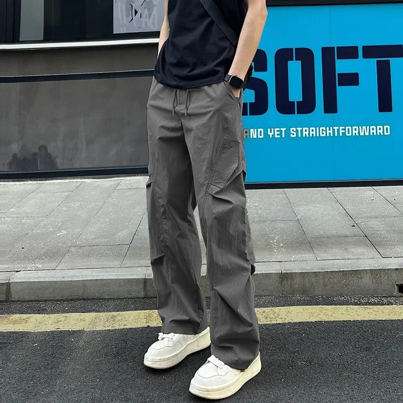 New High Street Pants Mens Casual Straight Trousers Wrinkled Trendy Streetwear Summer Lightweight Essentials Couple Cool Pants