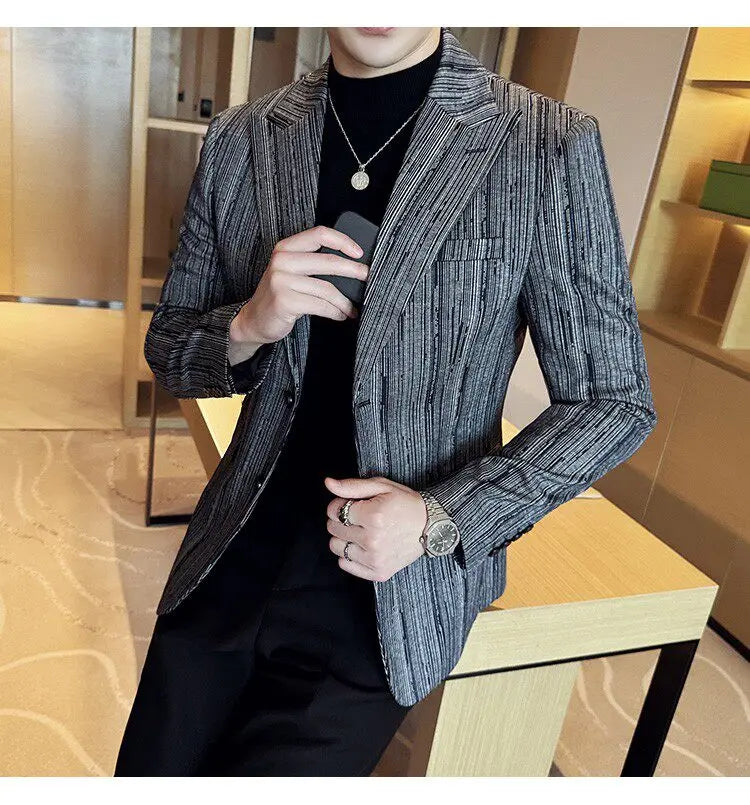Fashion Meteor Line Checkered Elegant Suit Jacket Men Fashion De Luxe Business Slim Fit Single Breasted Social Party Dress Coats