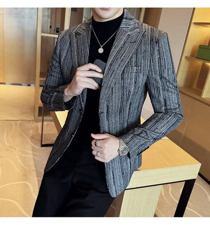 Fashion Meteor Line Checkered Elegant Suit Jacket Men Fashion De Luxe Business Slim Fit Single Breasted Social Party Dress Coats