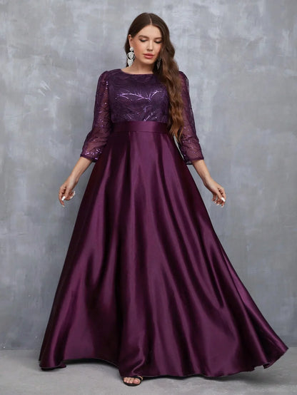 Crew neck long sleeve sequin patchwork satin long gown ball dress Party dress Bridesmaid dress
