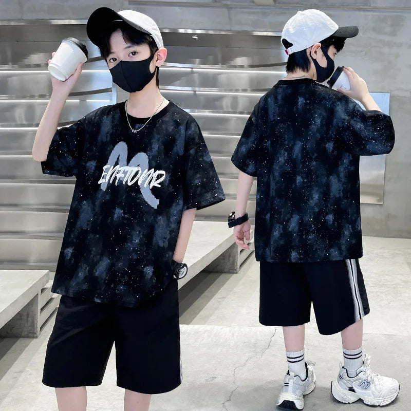 New Casual Boys Cotton Top summer Bottoms Clothes Set for Teenager Child Fashion Outfit Kids T-shirt Shorts Two Pieces Clothing