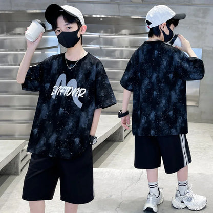 New Casual Boys Cotton Top summer Bottoms Clothes Set for Teenager Child Fashion Outfit Kids T-shirt Shorts Two Pieces Clothing