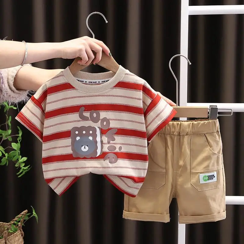 New Summer Baby Clothes Suit Children Boys Striped Beart T Shirt Shorts 2Pcs/Sets Toddler Casual Sports Costume Kids Tracksuits