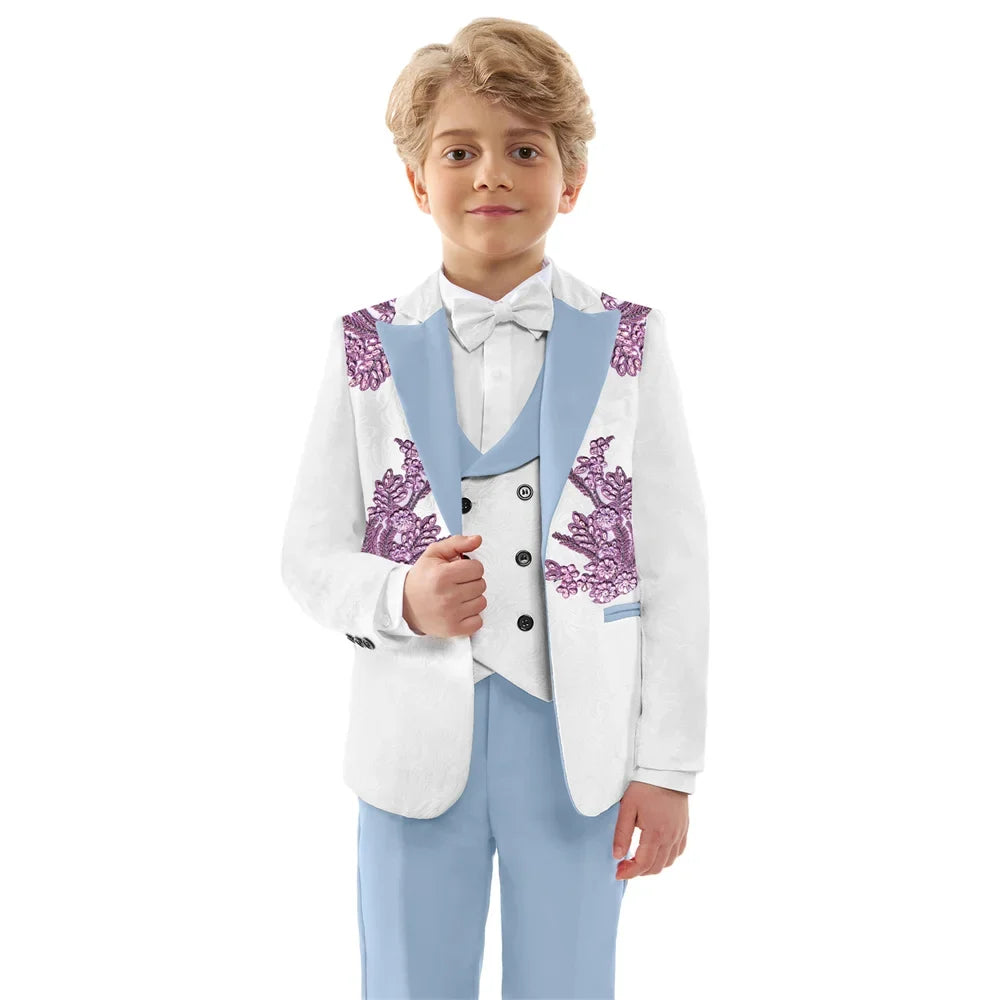 Hot Sale Boys Jacquard Suits 4 Pieces Wedding Ring Bearer Outfit Exquisite Slim Fit Suit Set For Kids School Performance Wear