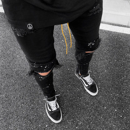 Men Long Jeans Pants Denim Pencil Pant Hole Splice Simple Slim Fit Zipper Lace Up Tight Waist Straight Trousers Autumn