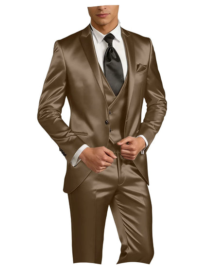 Luxury Men's Satin Suit 3 Piece Set Notch Lapel Slim Fit 1 Button Blazer Vest Pants for Formal Groom Groomsmen Prom Party