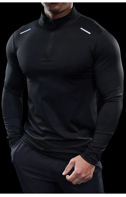 Men Stand Collar Zipper T-shirt Gym Running Training Fitness Bodybuilding Sport Top Quality Elastic Long Sleeve Tight Tops Tees