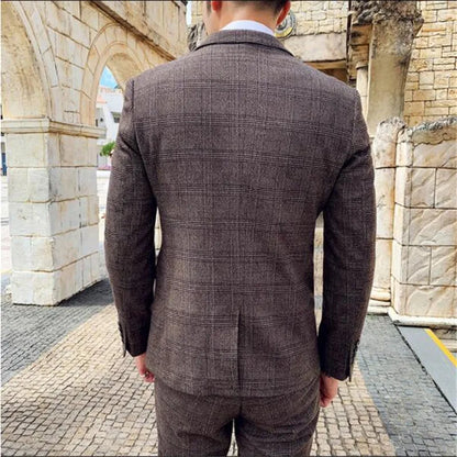 Coffee Brown Men Striped Plaid 3-Piece, Dark Blue Wedding Party Slim Fit Blazers Jacket and Vest with Pants, Asian Size M-5XL