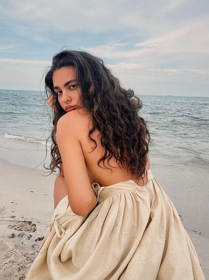 Spring Summer Beach Style Women Dress Vintage Loose A-line Sling Dress Sexy Hot Girl 100% Cotton V-neck Dress