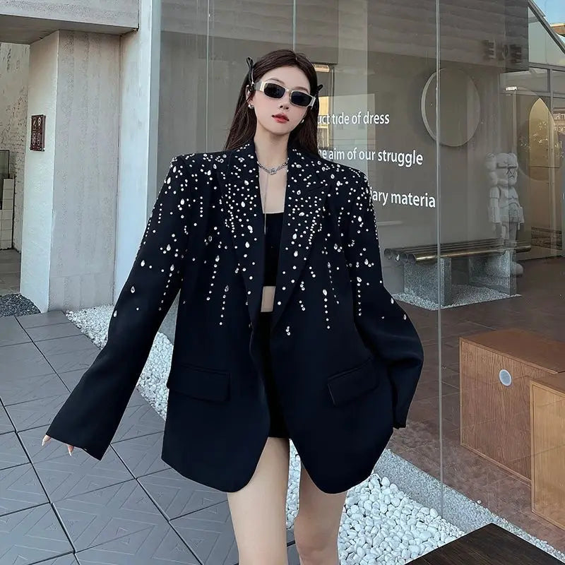 High-Quality Hot Diamond Black Blazer Women's Neutral Spring And Autumn New Design V ersatile Long-Sleeved Shoulder Padded Suit