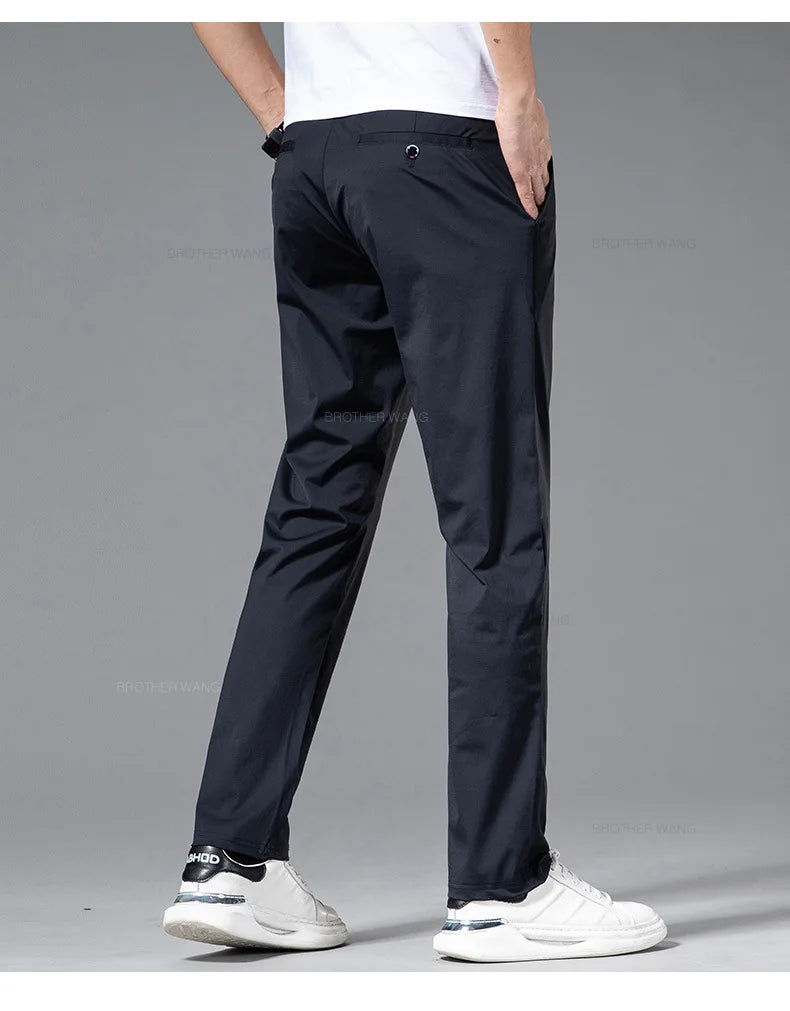 Ultra-thin Ice Silk Cool Men's  Casual Pants Summer New High Elasticity Quick-drying Drape Business Straight Trousers Black Gray