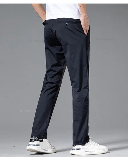 Ultra-thin Ice Silk Cool Men's  Casual Pants Summer New High Elasticity Quick-drying Drape Business Straight Trousers Black Gray