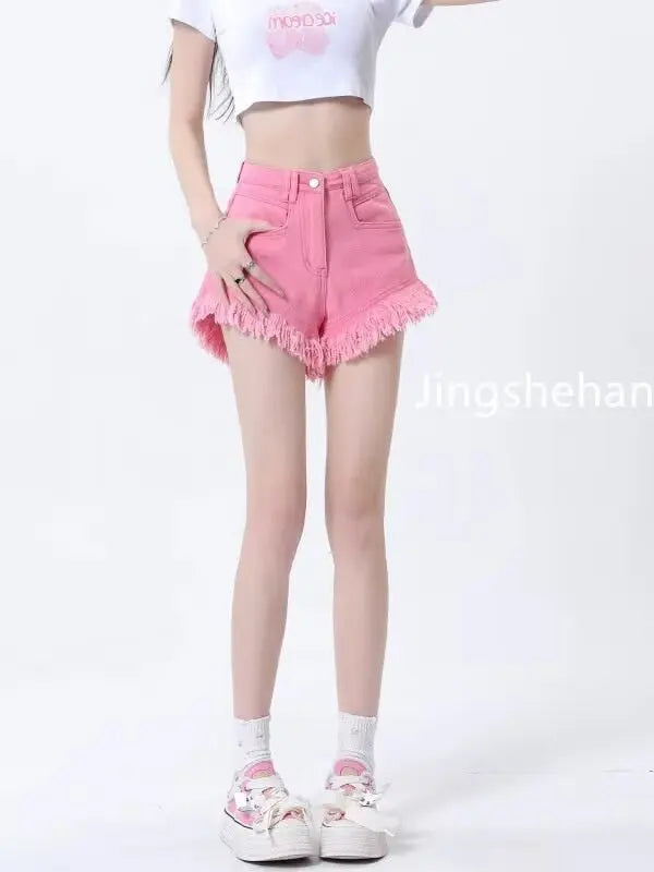 Women's Pear-shaped Friendly Denim Shorts 2026 Summer New High Waist Frayed Hem Casual Streetwear Wide Leg Hot Pants
