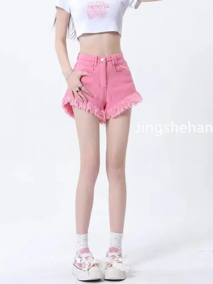 Women's Pear-shaped Friendly Denim Shorts 2026 Summer New High Waist Frayed Hem Casual Streetwear Wide Leg Hot Pants