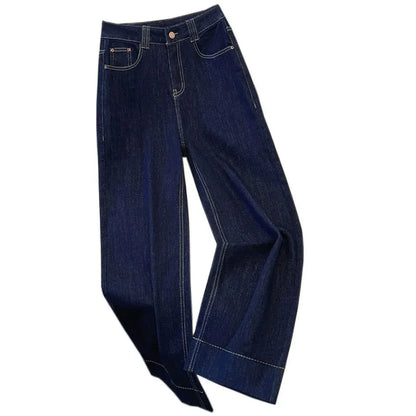 Female Trousers Women Button Zipper Closure Pockets Cozy Lady Pants Stylish Navy Blue Denim High Waisted Wide Leg Casual Jeans
