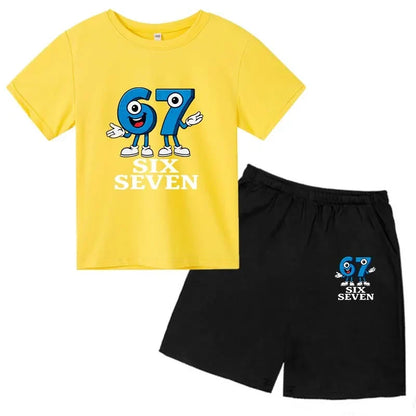 67 Funny Cartoon Number Print Kids Summer Casual 2PCS Breathable Tees+Short Pants Suits 2-13 Years Boys Girls Fashion Clothes