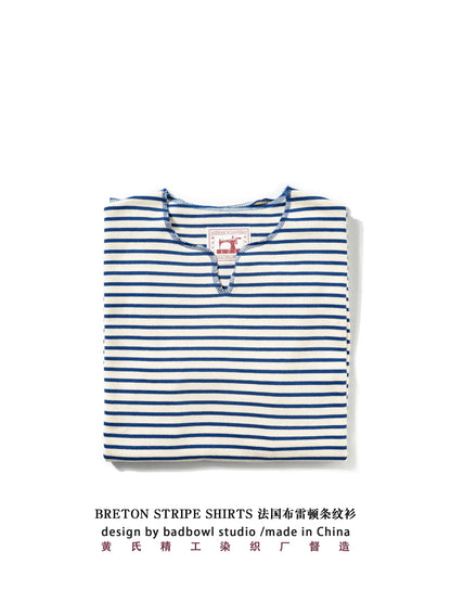 Summer men's pure cotton T-shirt, retro striped V-neck T-shirt from the United States, fashionable and versatile casual style