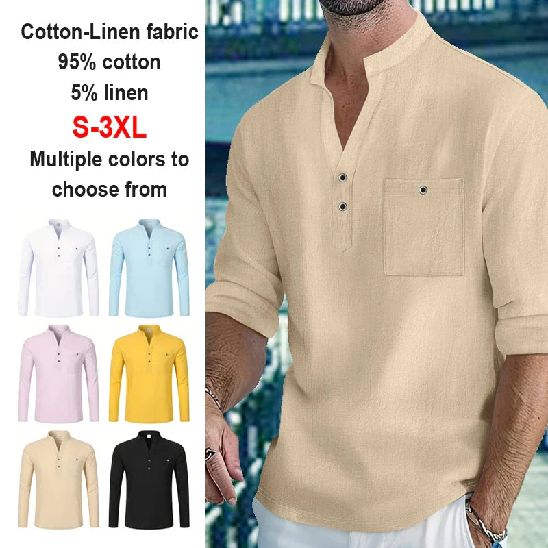 Men Mandarin Collar Long Sleeve Henley Cotton Linen Shirt Chest Pocket Breathable Beach Travel Daily Casual V Neck Top
