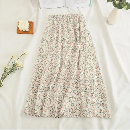 Women Chiffon Midi Skirt Korean Fashion Floral Loose Skirts High Waist Female Casual All Match A Line Skirts Summer New