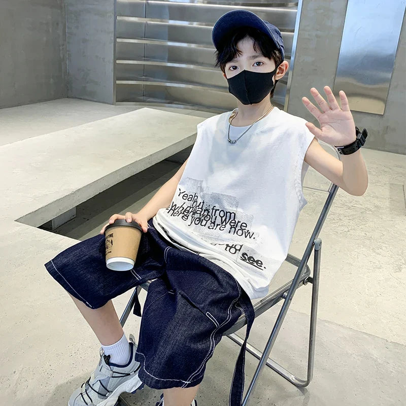New Summer Children High Quality Cotton Clothing Set for Kids Boy Sleeveless Tshirt And Denim Shorts 2 Pieces Top Bottom Suit