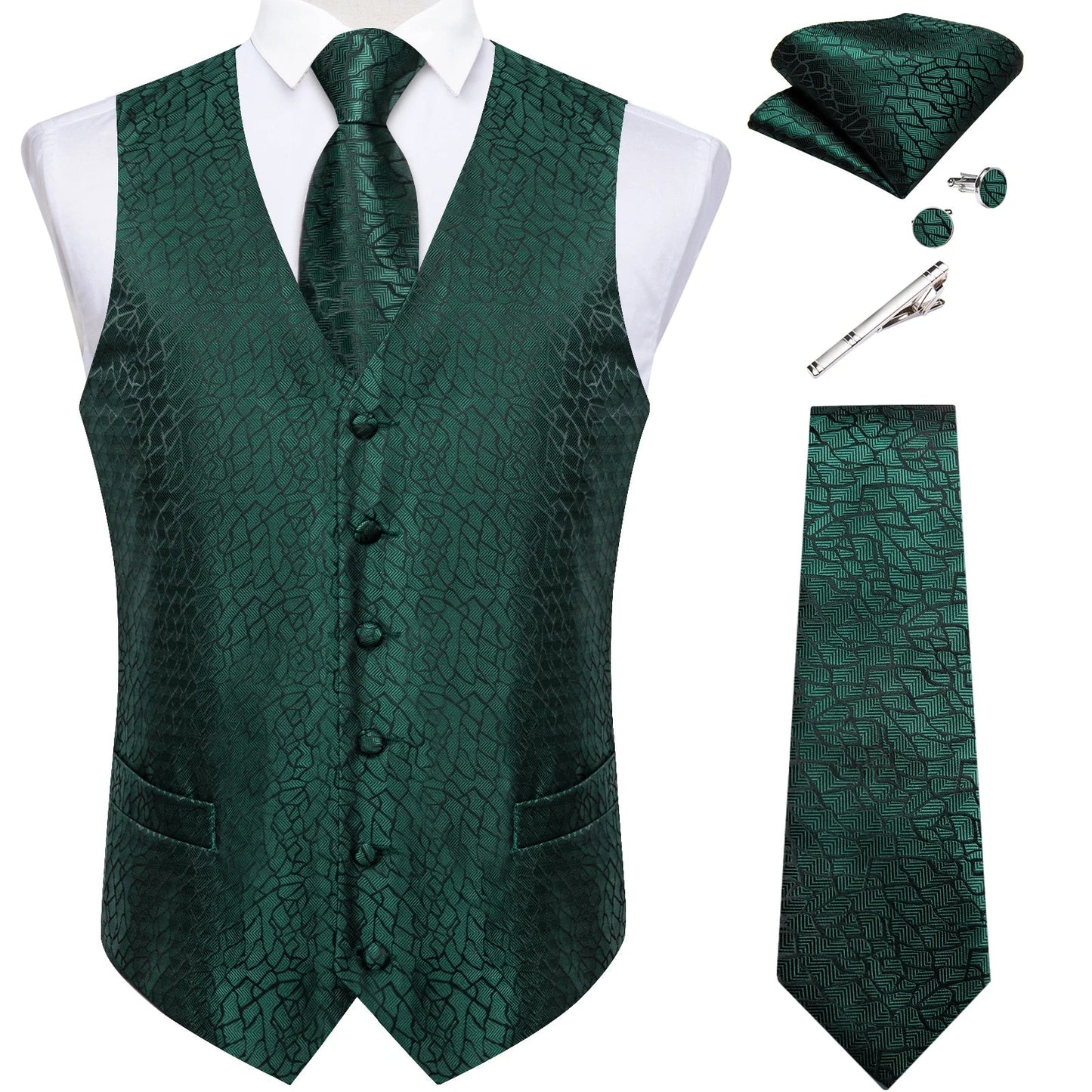 Suit Vest for Men Black Solid Paisley Wedding Prom Groom Jacquard Waistcoat with Necktie for Tuxedo Men Clothing