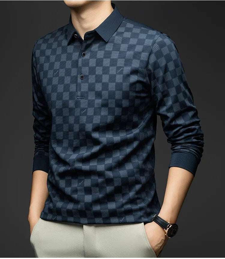 Polo Shirts for Man Autumn Business Slim Fit Long Sleeve T Shirt Men 2026 New Casual Loose Pullover Plaid Men Tops & Tees