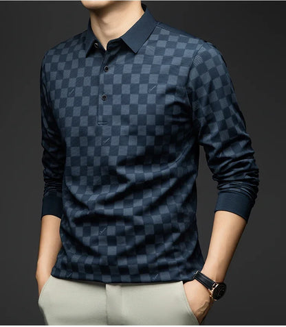 Polo Shirts for Man Autumn Business Slim Fit Long Sleeve T Shirt Men 2026 New Casual Loose Pullover Plaid Men Tops & Tees