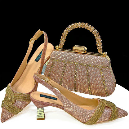 Nigerian Heel Party for Women Shoes and Bag Set Champagne Colour Rhinestone Handbag Italian Design Wedding INS 2024