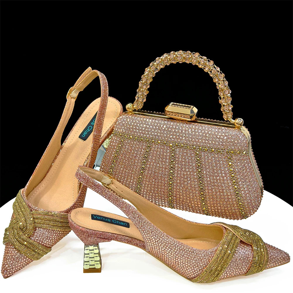 Black Hollow Design With Pointed Shoes And Fashion Three-Dimensional Bag Cozy Rhinestones Are Suitable For Parties