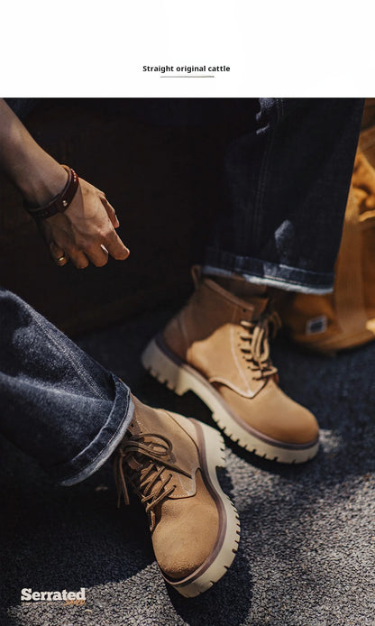 Vintage Men's Cow Suede High-Top Boots Chunky Round Toe Work Desert Boots Lace-Up Ankle Boots for Fall Winter Casual Shoes