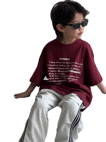 Boys' Korean Style 100% Cotton Short Sleeve T-Shirt Summer New Letter Print Casual Streetwear Cool