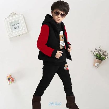 Boy Girls Fall Winter Thick Warm Clothing Set 3 Pcs Sweatshirt +Pants+Vest Cartoon Outfits Children Tracksuit School Uniform