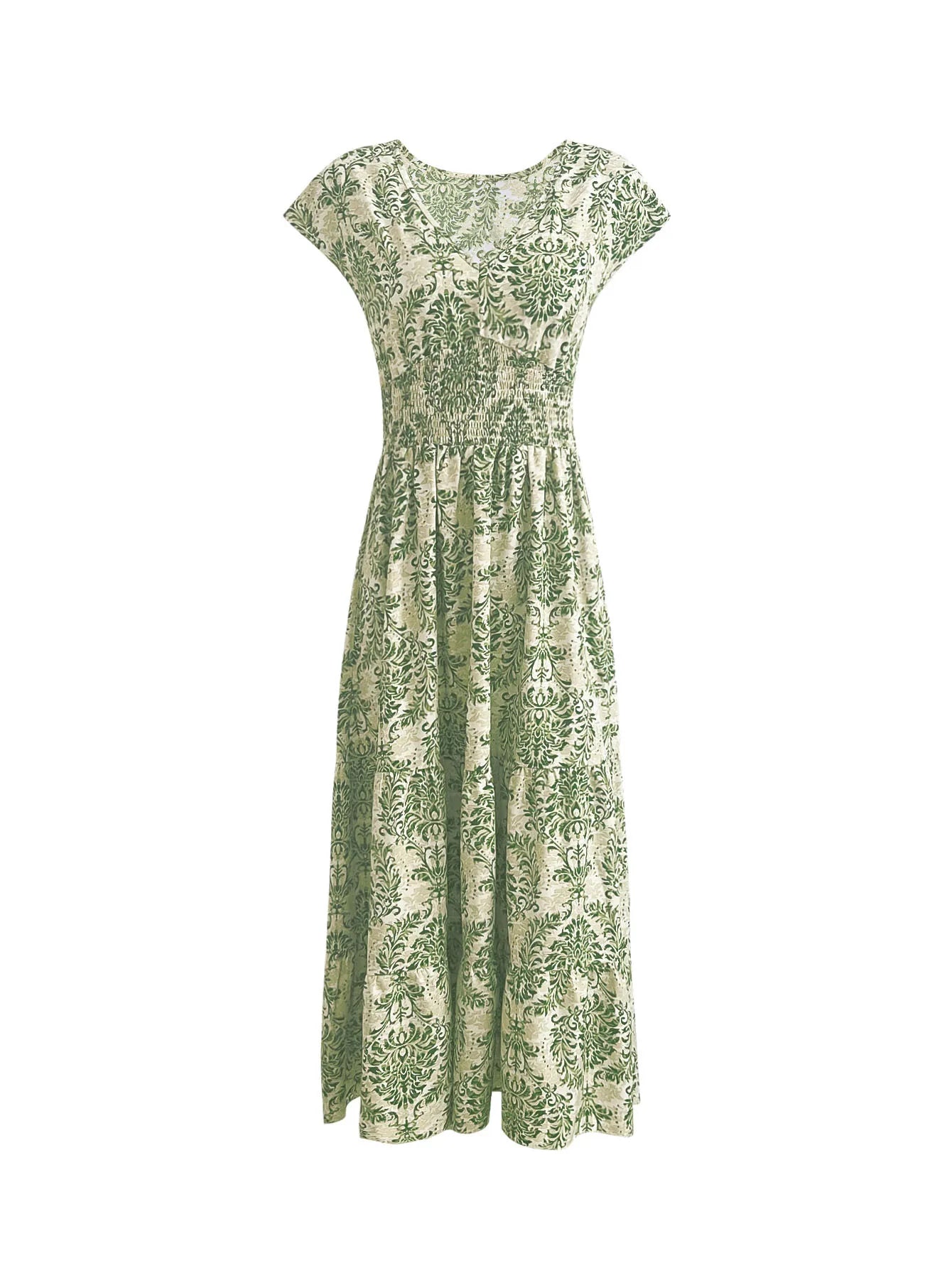 2026 Vintage Printed Dress Fashionable and Elegant V-Neck Short-Sleeved Jumpsuit Long Skirt Women's Clothing