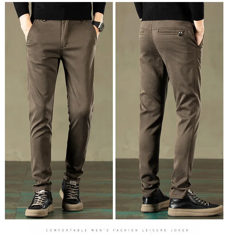 2024 Spring New Men's Casual Pants Brand Clothing Business Elastic Waist Thick Classic Slim Trousers Male Black Grey Brow