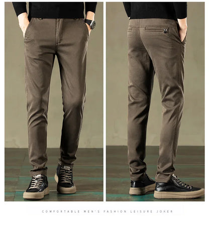 2024 Spring New Men's Casual Pants Brand Clothing Business Elastic Waist Thick Classic Slim Trousers Male Black Grey Brow