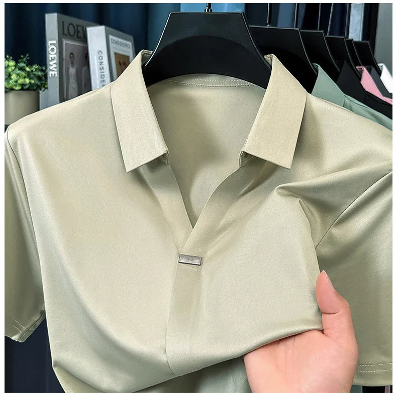 High quality ice silk short sleeve T-shirt men's lapel top trendy brand design cool silky breathable summer casual polo shirt