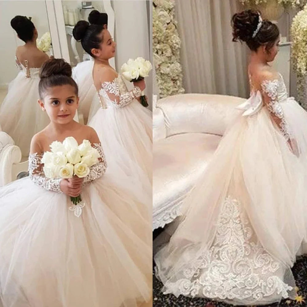 Flower Girl Dresses For Weddings Long Sleeve Lace Tulle Bow Back Children's Elegant Dress vestidos para niñas