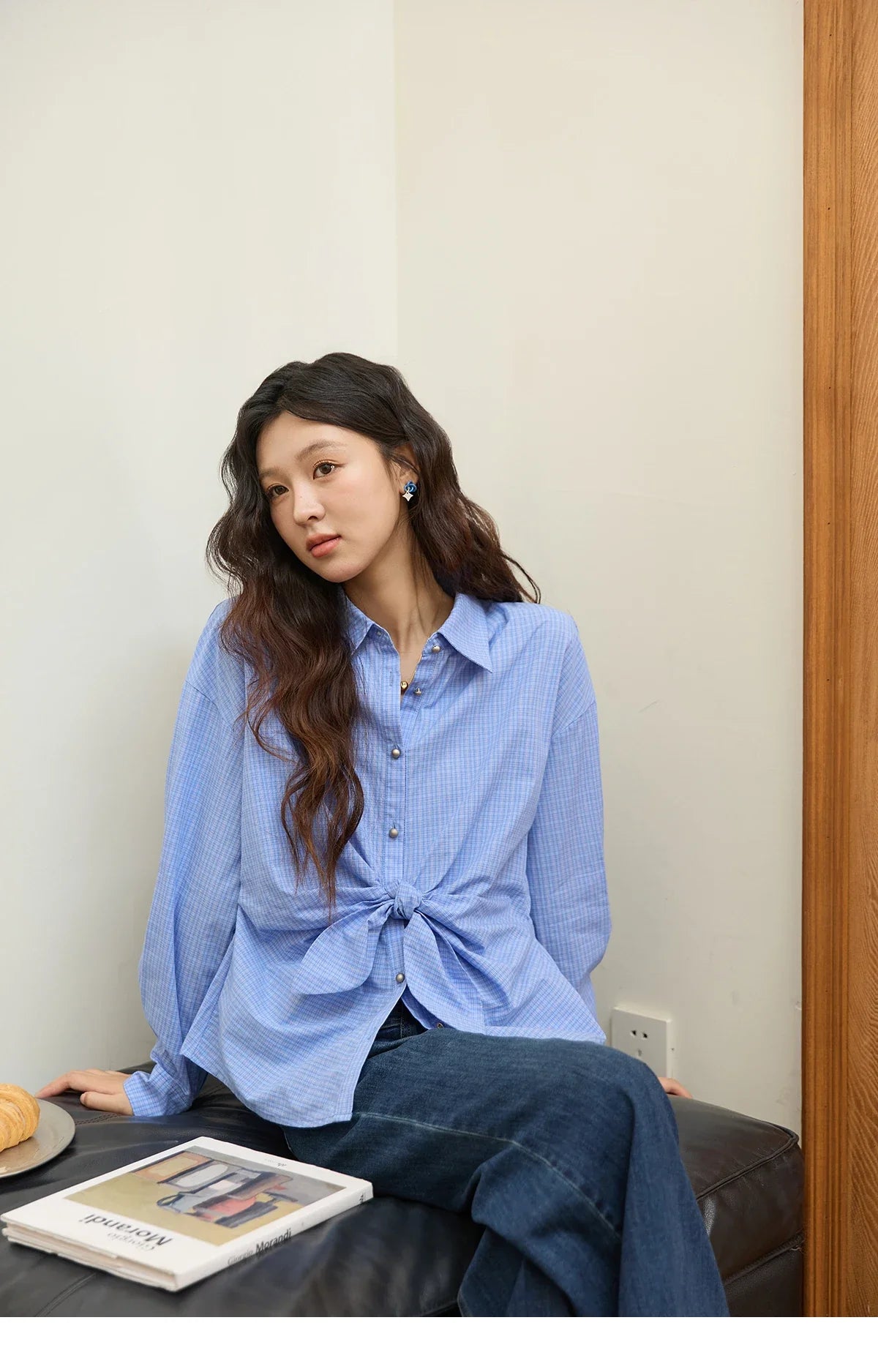 Blue Plaid 100 Cotton Shirt Autumn 2025 Bow Tie Waist Matte Silver Butto Shirts Lapel Dropped Sleeved Tops MXE44C2395
