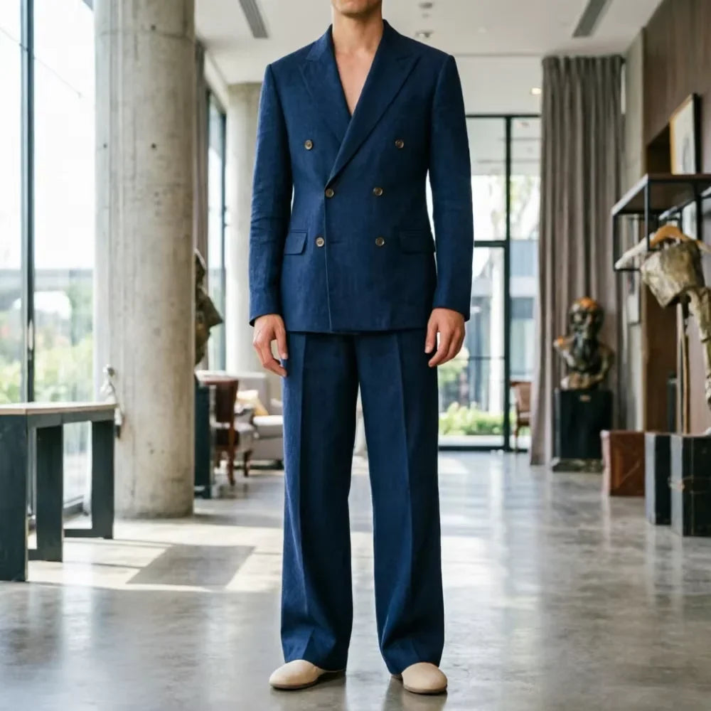 Men‘s Sage Green Linen Suit 2 Piece Double Breasted Peak Lapel Blazer Straight Leg Pants Casual Set For summer wedding Groom New