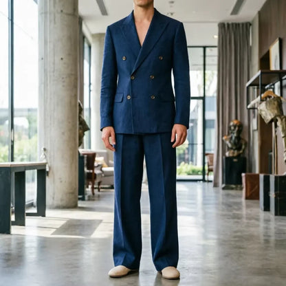 Men‘s Sage Green Linen Suit 2 Piece Double Breasted Peak Lapel Blazer Straight Leg Pants Casual Set For summer wedding Groom New