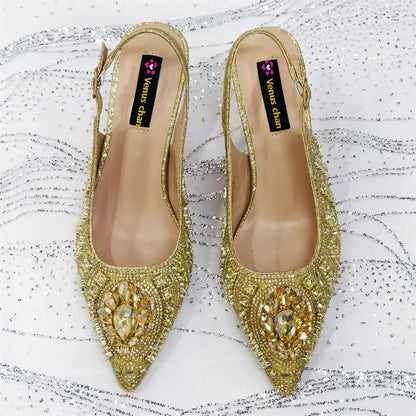 Popular Pointed Women Shoes Heels and Bags Rhinestone Chain Ladies Wedding Party Elegant and Luxurious Fashion