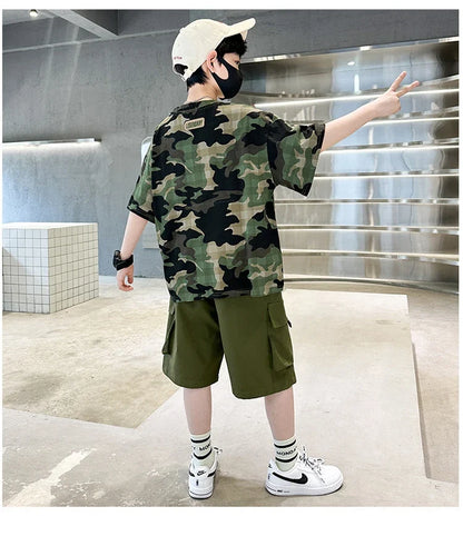 Kids Summer Set Causal Camouflage Sportswear Two Piece Clothing Set for Teenage Boy Short Sleeve T-shirt Shorts Tracksuit Outfit