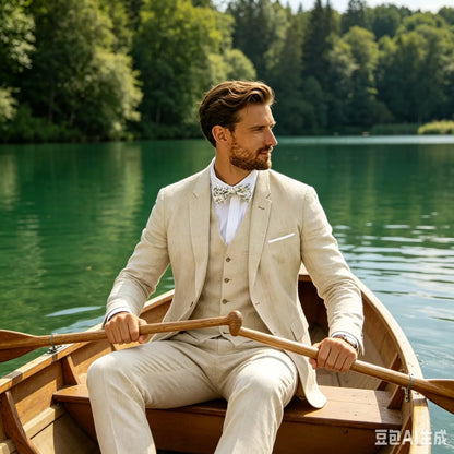 3 Piece Blue/Beige Linen Men's Slim Fit Suits Notch Lapel Blazer Summer Wedding Groom Tuxedos for Prom Party (Jacket+Vest+Pant)
