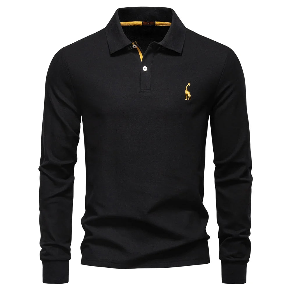 2025 Business Casual Polo Shirt Men Solid Color Long Sleeve Cotton Rich Blend Breathable Polos Male