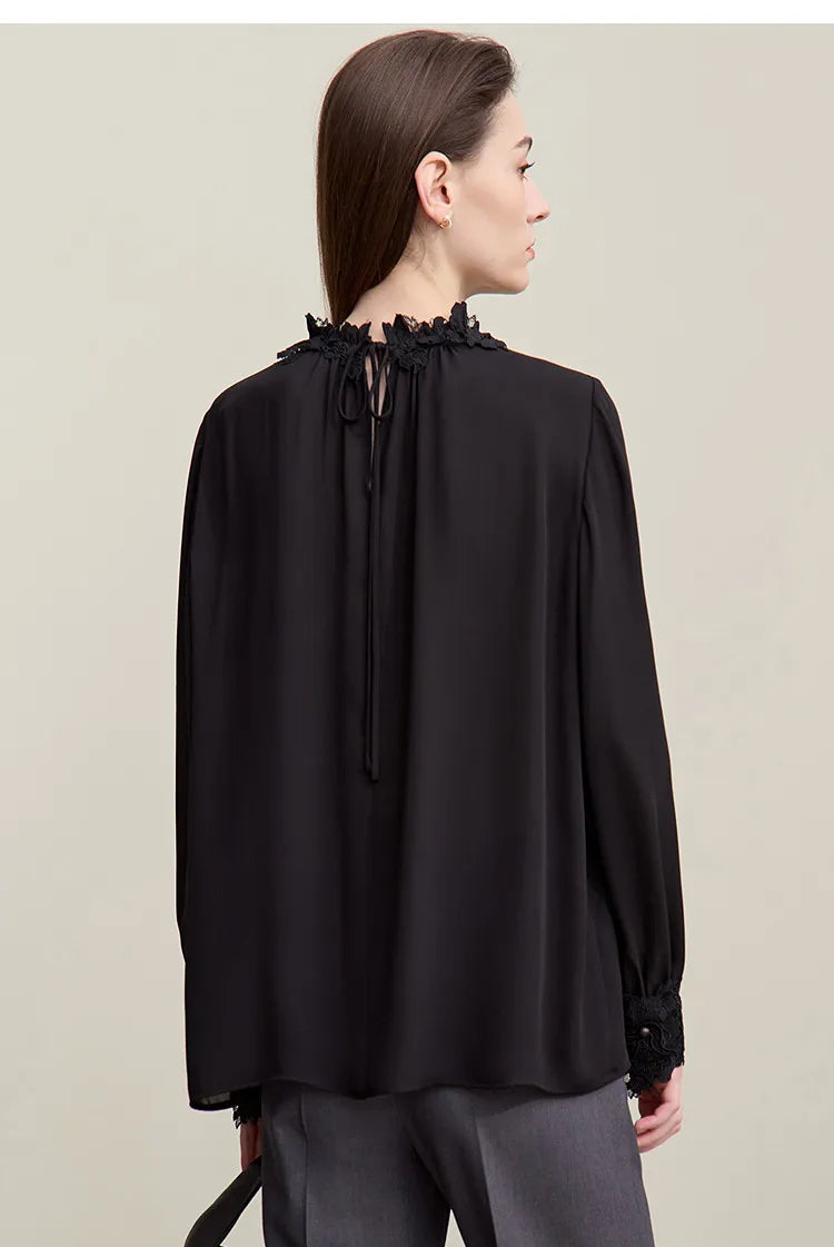 Women's Blouse 2026 Autumn New Elegant Commuter Lace Splicing Chiffon Shirt O-Neck Loose Pullover Tops For Woman 12621067