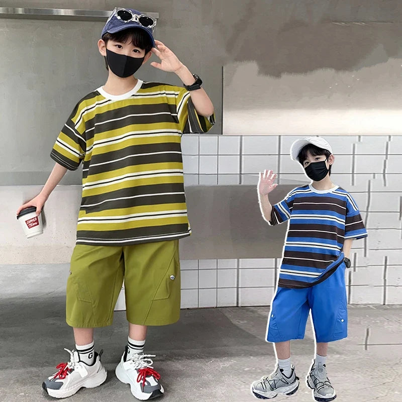 Elegant Children Summer Suit Outfit for Boy Striped Top and Bottom Set Kids Teenagers Cotton T-shirt Shorts 2 Pieces Clothes Set