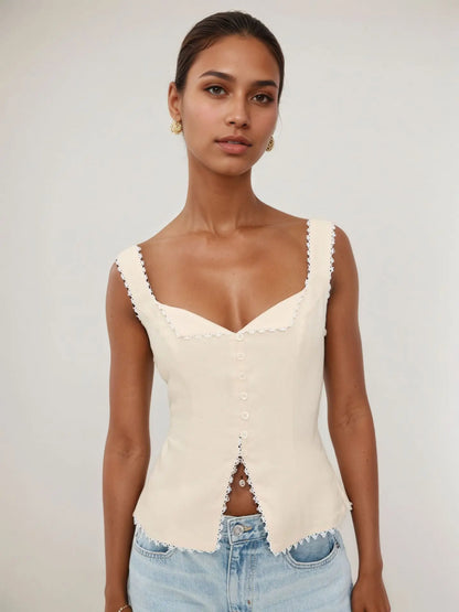 High Quality Hot Sale Wholesale Women's French Cotton Linen Lace Splicing Fashionable Buckle Suspender Solid Sleeveless Vest Top