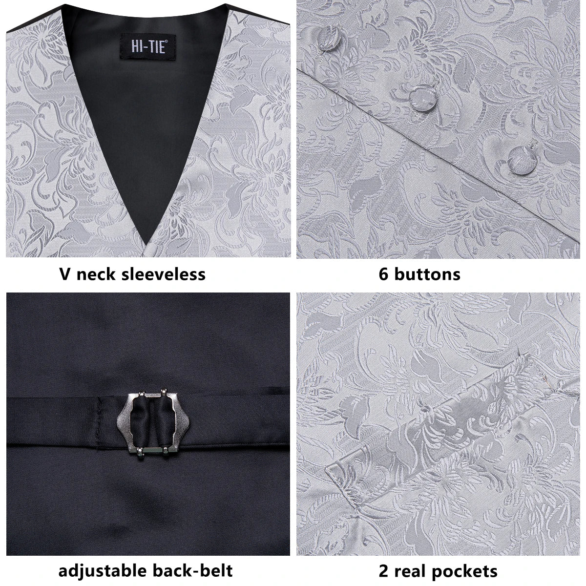 Men's Floral Vest & Tie Hanky Cufflinks Set – Formal Biege Grey White Waistcoat for Weddings Events Party Gift