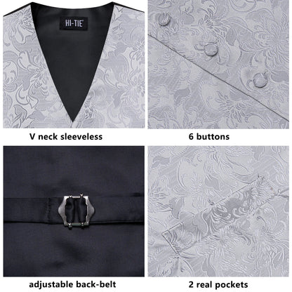 Men's Floral Vest & Tie Hanky Cufflinks Set – Formal Biege Grey White Waistcoat for Weddings Events Party Gift