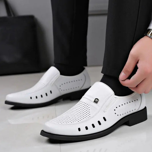 Hollow Breathable in Summer Round Toe Dress Shoes Man Soft Leather Casual Footwear 2025 Style Gentleman New Social Shoe for Men